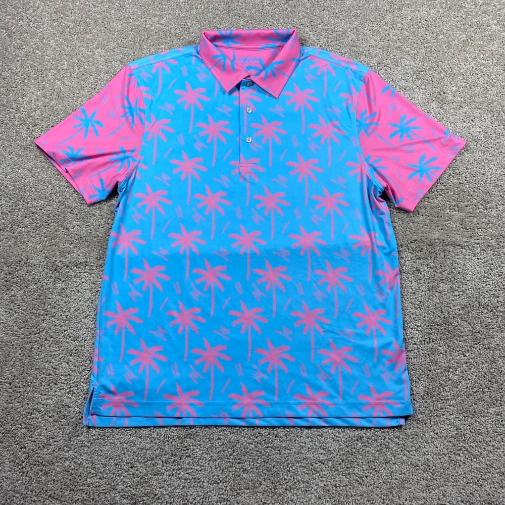 Chubbies Mens Performance Polo Shirt Medium Blue Pink Palm Tree‎ Tropical